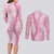 Pink Puakenikeni and Maile Lei Couples Matching Long Sleeve Bodycon Dress and Long Sleeve Button Shirt Hawaiian Style Tribal Tapa Double Strand Lei