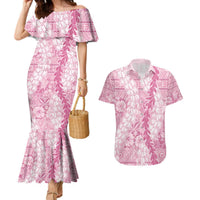 Pink Puakenikeni and Maile Lei Couples Matching Mermaid Dress and Hawaiian Shirt Hawaiian Style Tribal Tapa Double Strand Lei LT9 Pink - Polynesian Pride