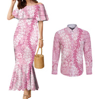 Pink Puakenikeni and Maile Lei Couples Matching Mermaid Dress and Long Sleeve Button Shirt Hawaiian Style Tribal Tapa Double Strand Lei LT9 Pink - Polynesian Pride