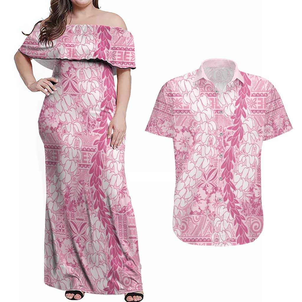 Pink Puakenikeni and Maile Lei Couples Matching Off Shoulder Maxi Dress and Hawaiian Shirt Hawaiian Style Tribal Tapa Double Strand Lei