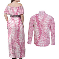 Pink Puakenikeni and Maile Lei Couples Matching Off Shoulder Maxi Dress and Long Sleeve Button Shirt Hawaiian Style Tribal Tapa Double Strand Lei LT9 - Polynesian Pride