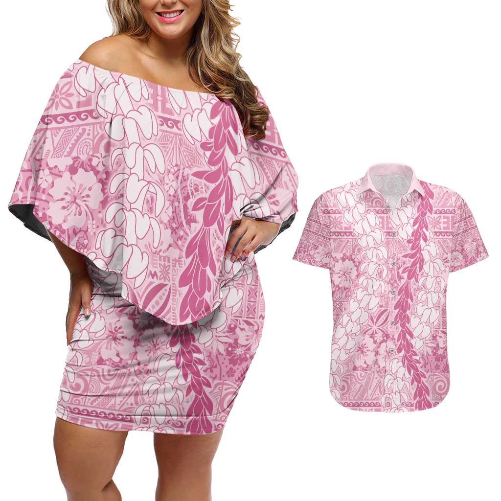 Pink Puakenikeni and Maile Lei Couples Matching Off Shoulder Short Dress and Hawaiian Shirt Hawaiian Style Tribal Tapa Double Strand Lei