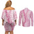 Pink Puakenikeni and Maile Lei Couples Matching Off Shoulder Short Dress and Long Sleeve Button Shirt Hawaiian Style Tribal Tapa Double Strand Lei