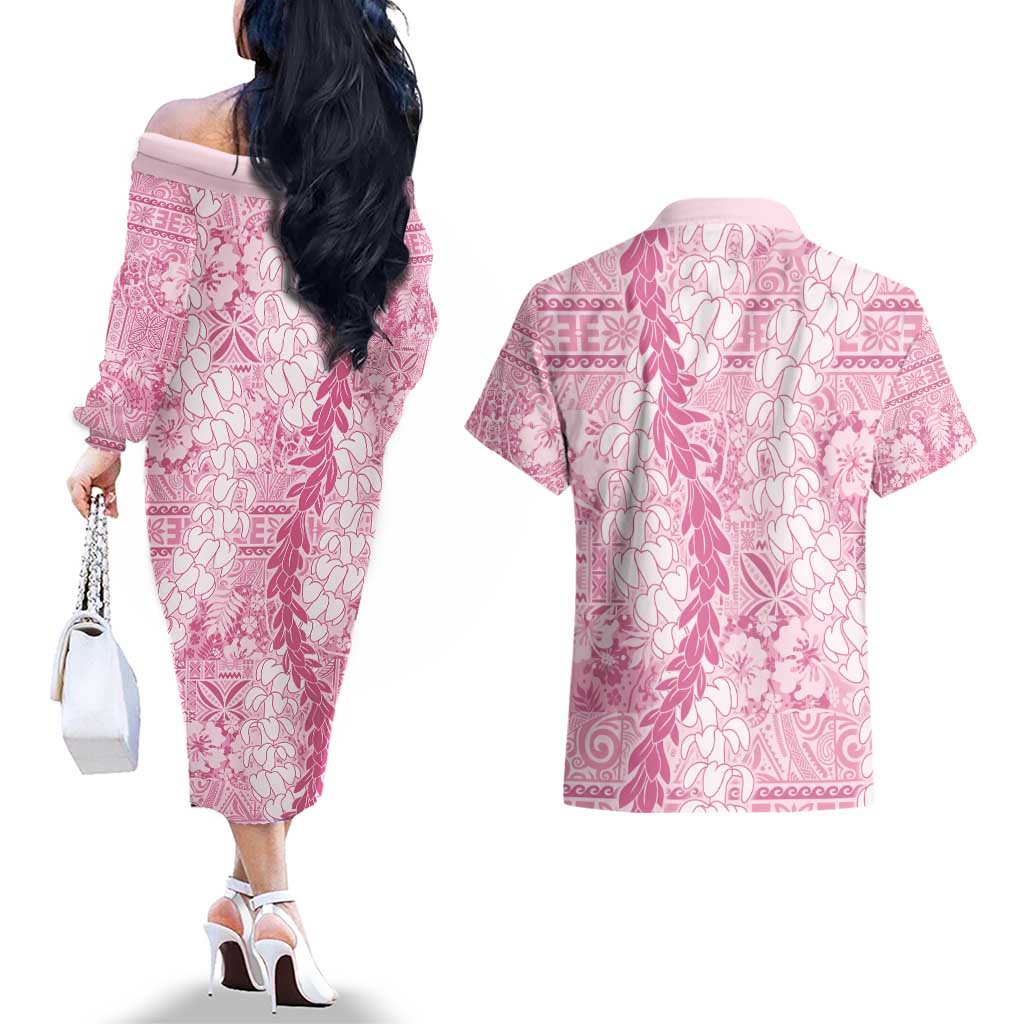 Pink Puakenikeni and Maile Lei Couples Matching Off The Shoulder Long Sleeve Dress and Hawaiian Shirt Hawaiian Style Tribal Tapa Double Strand Lei LT9 - Polynesian Pride
