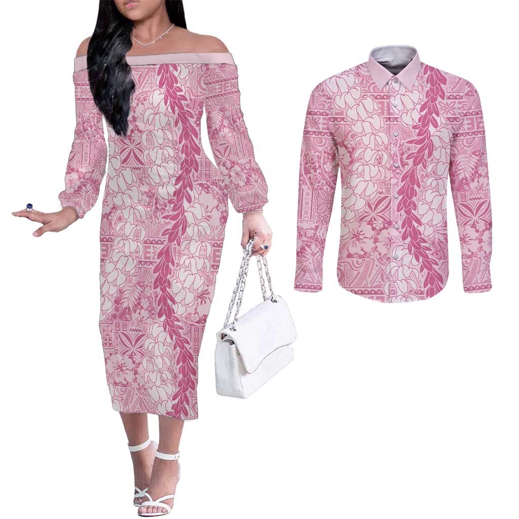 Pink Puakenikeni and Maile Lei Couples Matching Off The Shoulder Long Sleeve Dress and Long Sleeve Button Shirt Hawaiian Style Tribal Tapa Double Strand Lei