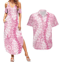 Pink Puakenikeni and Maile Lei Couples Matching Summer Maxi Dress and Hawaiian Shirt Hawaiian Style Tribal Tapa Double Strand Lei LT9 Pink - Polynesian Pride
