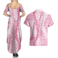 Pink Puakenikeni and Maile Lei Couples Matching Summer Maxi Dress and Hawaiian Shirt Hawaiian Style Tribal Tapa Double Strand Lei LT9 - Polynesian Pride