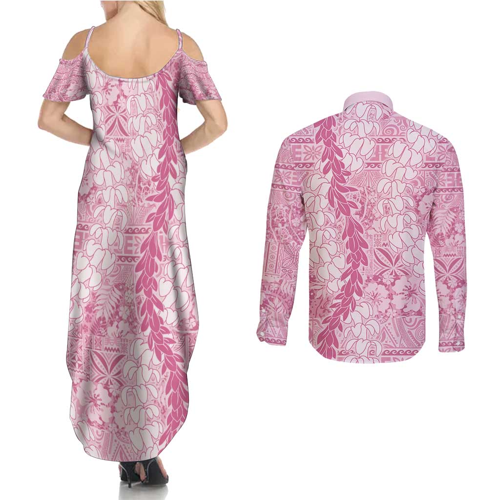 Pink Puakenikeni and Maile Lei Couples Matching Summer Maxi Dress and Long Sleeve Button Shirt Hawaiian Style Tribal Tapa Double Strand Lei LT9 - Polynesian Pride