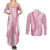 Pink Puakenikeni and Maile Lei Couples Matching Summer Maxi Dress and Long Sleeve Button Shirt Hawaiian Style Tribal Tapa Double Strand Lei