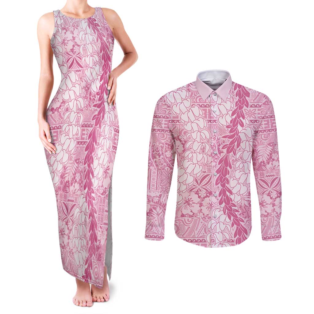 Pink Puakenikeni and Maile Lei Couples Matching Tank Maxi Dress and Long Sleeve Button Shirt Hawaiian Style Tribal Tapa Double Strand Lei LT9 Pink - Polynesian Pride
