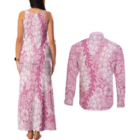 Pink Puakenikeni and Maile Lei Couples Matching Tank Maxi Dress and Long Sleeve Button Shirt Hawaiian Style Tribal Tapa Double Strand Lei LT9 - Polynesian Pride