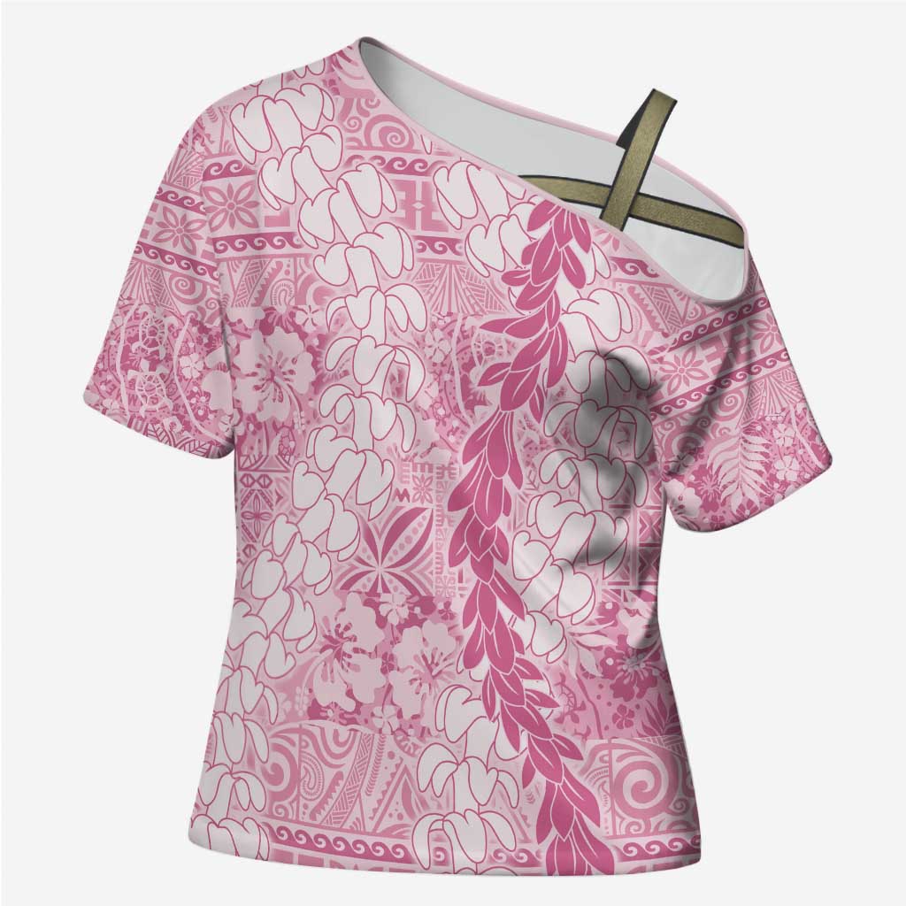 Pink Puakenikeni and Maile Lei Cross Shoulder Shirt Hawaiian Style Tribal Tapa Double Strand Lei LT9 Female Pink - Polynesian Pride