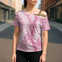 Pink Puakenikeni and Maile Lei Cross Shoulder Shirt Hawaiian Style Tribal Tapa Double Strand Lei LT9 - Polynesian Pride