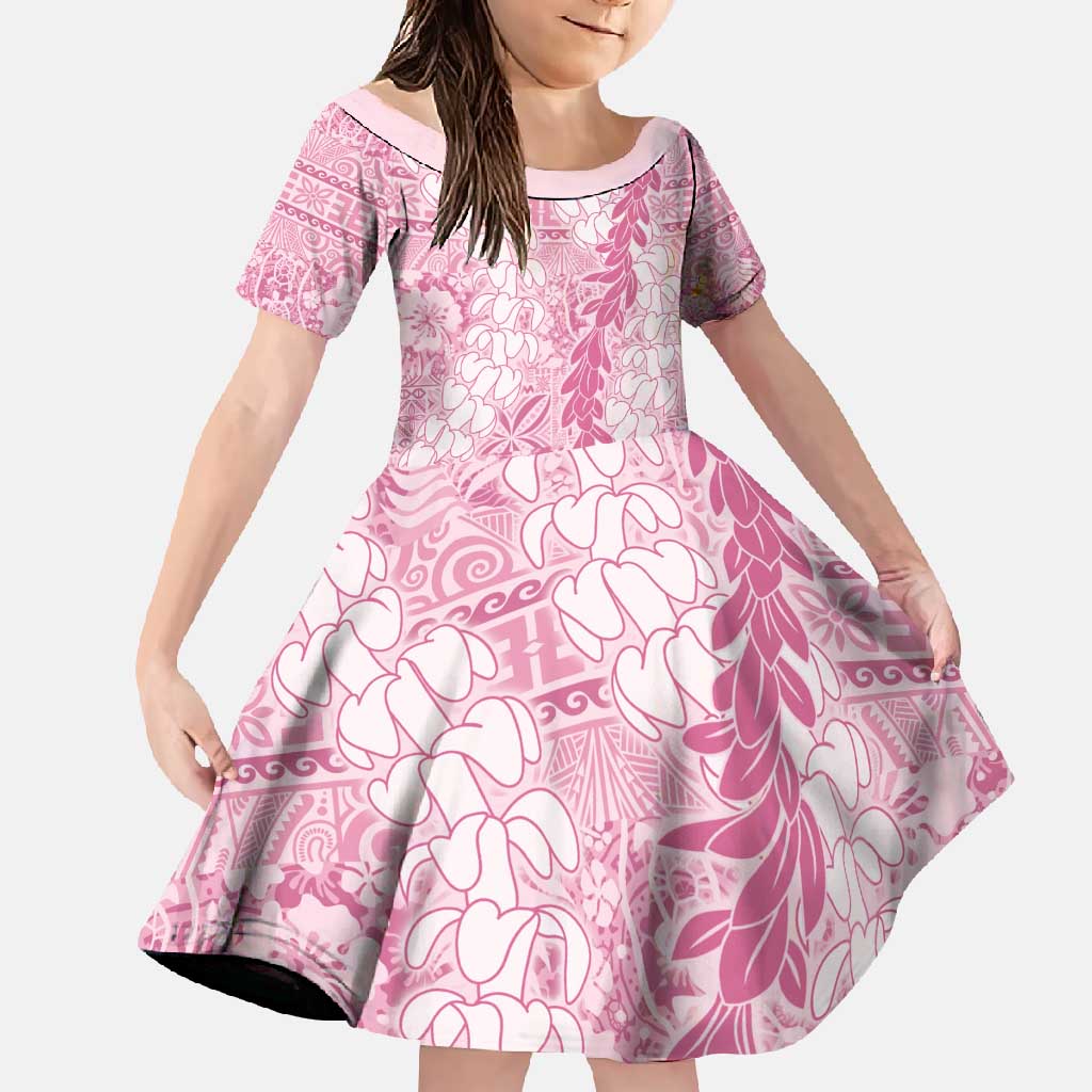 Pink Puakenikeni and Maile Lei Family Matching Long Sleeve Bodycon Dress and Hawaiian Shirt Hawaiian Style Tribal Tapa Double Strand Lei LT9 Daughter's Dress Pink - Polynesian Pride