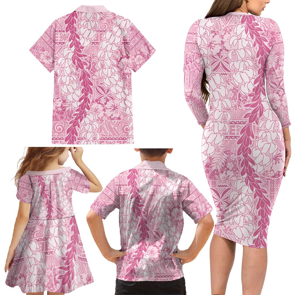 Pink Puakenikeni and Maile Lei Family Matching Long Sleeve Bodycon Dress and Hawaiian Shirt Hawaiian Style Tribal Tapa Double Strand Lei LT9 - Polynesian Pride