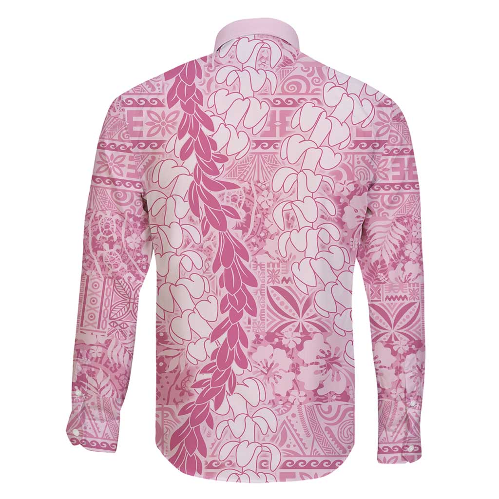 Pink Puakenikeni and Maile Lei Family Matching Long Sleeve Bodycon Dress and Hawaiian Shirt Hawaiian Style Tribal Tapa Double Strand Lei LT9 - Polynesian Pride