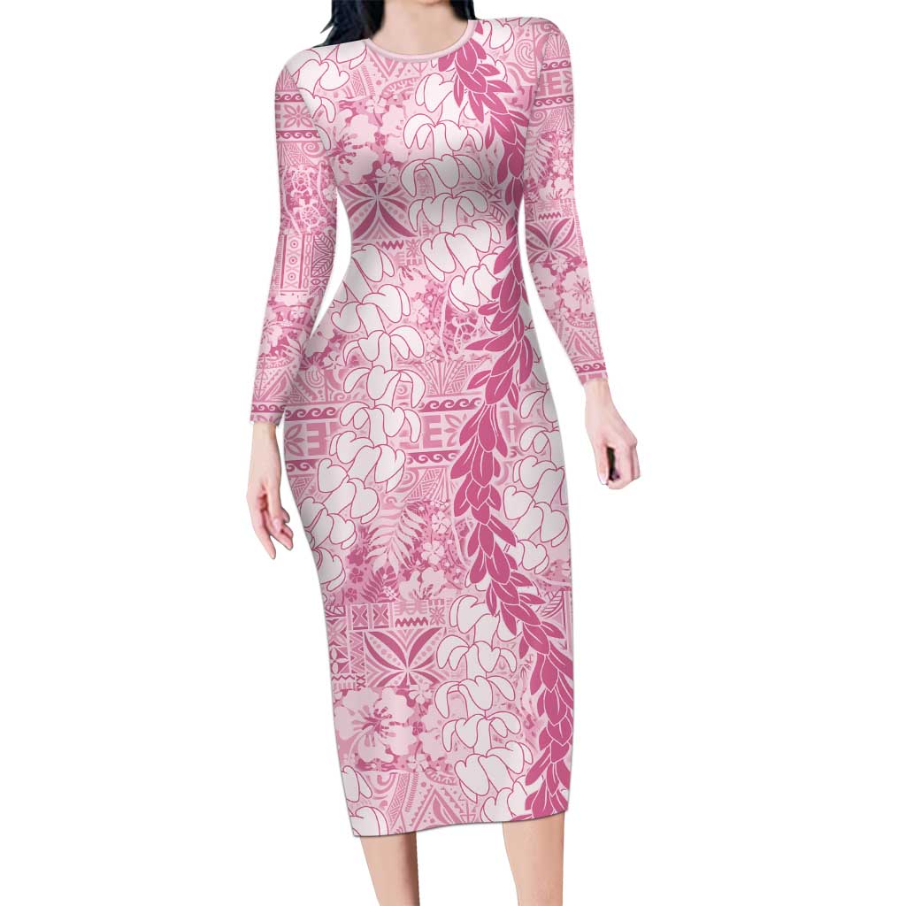 Pink Puakenikeni and Maile Lei Family Matching Long Sleeve Bodycon Dress and Hawaiian Shirt Hawaiian Style Tribal Tapa Double Strand Lei LT9 Mom's Dress Pink - Polynesian Pride