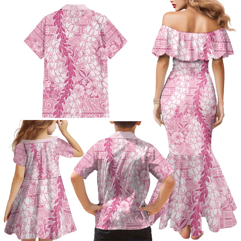 Pink Puakenikeni and Maile Lei Family Matching Mermaid Dress and Hawaiian Shirt Hawaiian Style Tribal Tapa Double Strand Lei LT9 - Polynesian Pride