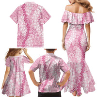 Pink Puakenikeni and Maile Lei Family Matching Mermaid Dress and Hawaiian Shirt Hawaiian Style Tribal Tapa Double Strand Lei LT9 - Polynesian Pride