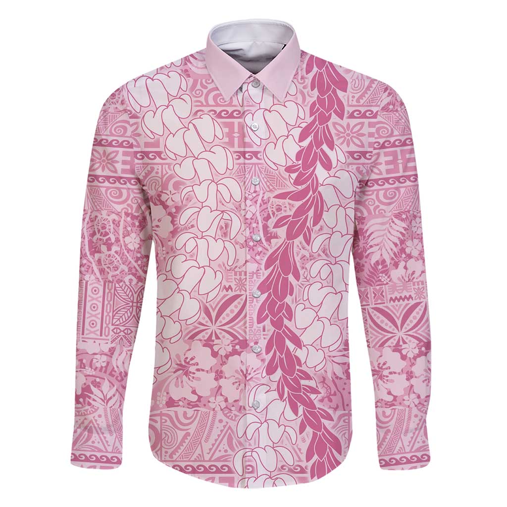 Pink Puakenikeni and Maile Lei Family Matching Mermaid Dress and Hawaiian Shirt Hawaiian Style Tribal Tapa Double Strand Lei LT9 Dad's Shirt - Long Sleeve Pink - Polynesian Pride