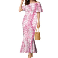 Pink Puakenikeni and Maile Lei Family Matching Mermaid Dress and Hawaiian Shirt Hawaiian Style Tribal Tapa Double Strand Lei LT9 Mom's Dress Pink - Polynesian Pride