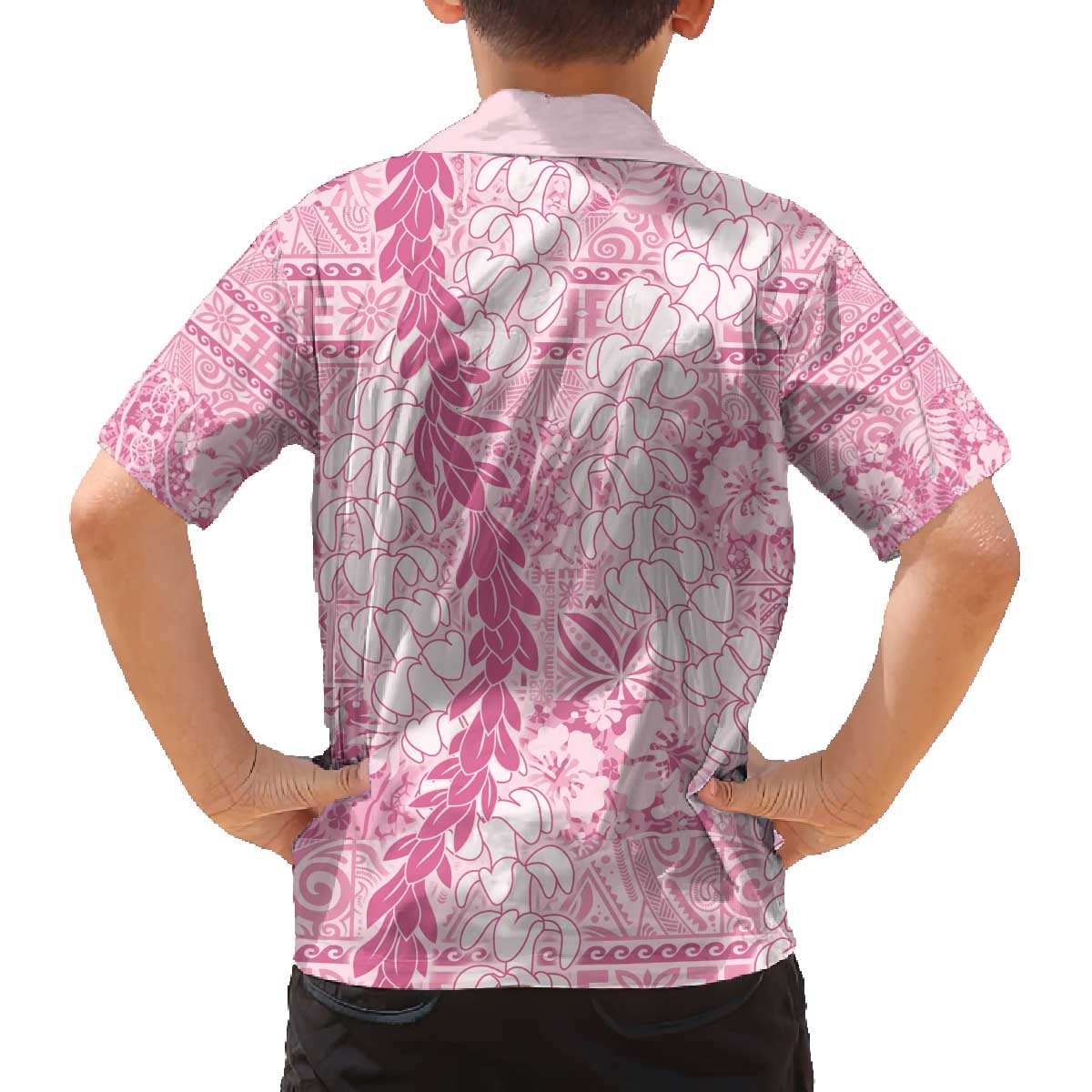 Pink Puakenikeni and Maile Lei Family Matching Off The Shoulder Long Sleeve Dress and Hawaiian Shirt Hawaiian Style Tribal Tapa Double Strand Lei LT9 - Polynesian Pride