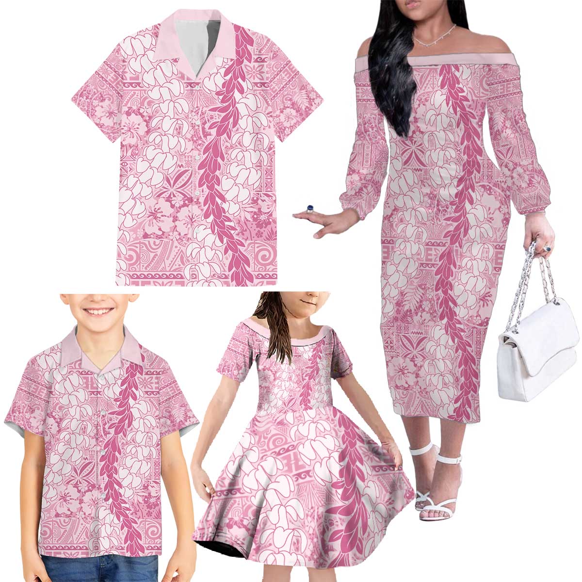 Pink Puakenikeni and Maile Lei Family Matching Off The Shoulder Long Sleeve Dress and Hawaiian Shirt Hawaiian Style Tribal Tapa Double Strand Lei LT9 - Polynesian Pride