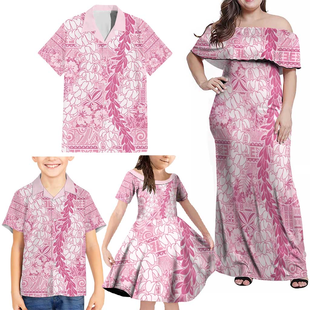 Pink Puakenikeni and Maile Lei Family Matching Off Shoulder Maxi Dress and Hawaiian Shirt Hawaiian Style Tribal Tapa Double Strand Lei