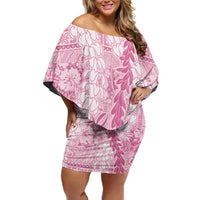 Pink Puakenikeni and Maile Lei Family Matching Off Shoulder Short Dress and Hawaiian Shirt Hawaiian Style Tribal Tapa Double Strand Lei LT9 Mom's Dress Pink - Polynesian Pride