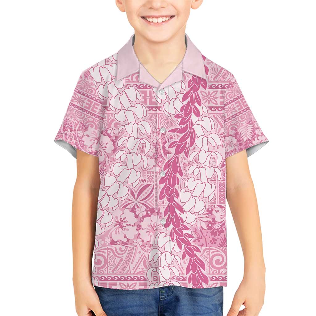Pink Puakenikeni and Maile Lei Family Matching Off Shoulder Short Dress and Hawaiian Shirt Hawaiian Style Tribal Tapa Double Strand Lei LT9 Son's Shirt Pink - Polynesian Pride
