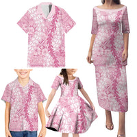 Pink Puakenikeni and Maile Lei Family Matching Puletasi and Hawaiian Shirt Hawaiian Style Tribal Tapa Double Strand Lei LT9 - Polynesian Pride