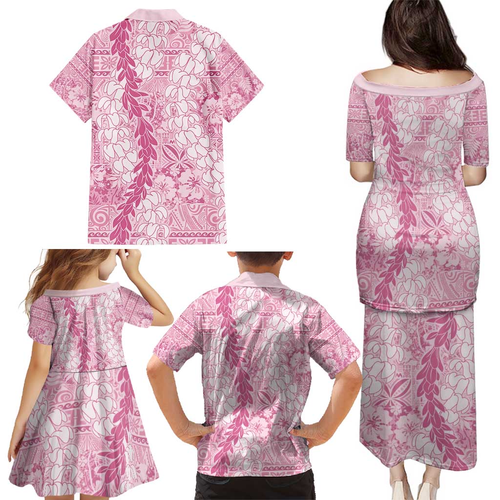 Pink Puakenikeni and Maile Lei Family Matching Puletasi and Hawaiian Shirt Hawaiian Style Tribal Tapa Double Strand Lei LT9 - Polynesian Pride