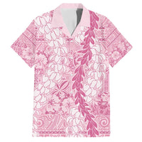 Pink Puakenikeni and Maile Lei Family Matching Puletasi and Hawaiian Shirt Hawaiian Style Tribal Tapa Double Strand Lei LT9 Dad's Shirt - Short Sleeve Pink - Polynesian Pride