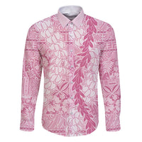Pink Puakenikeni and Maile Lei Family Matching Puletasi and Hawaiian Shirt Hawaiian Style Tribal Tapa Double Strand Lei LT9 Dad's Shirt - Long Sleeve Pink - Polynesian Pride