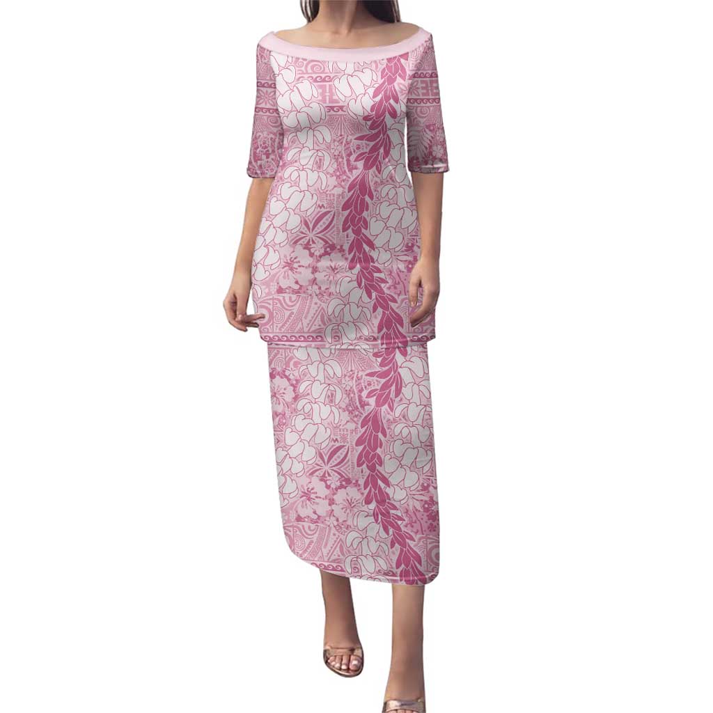 Pink Puakenikeni and Maile Lei Family Matching Puletasi and Hawaiian Shirt Hawaiian Style Tribal Tapa Double Strand Lei LT9 Mom's Dress Pink - Polynesian Pride
