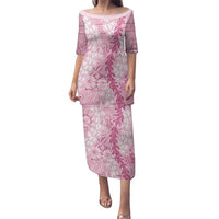 Pink Puakenikeni and Maile Lei Family Matching Puletasi and Hawaiian Shirt Hawaiian Style Tribal Tapa Double Strand Lei LT9 Mom's Dress Pink - Polynesian Pride