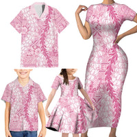 Pink Puakenikeni and Maile Lei Family Matching Short Sleeve Bodycon Dress and Hawaiian Shirt Hawaiian Style Tribal Tapa Double Strand Lei LT9 - Polynesian Pride