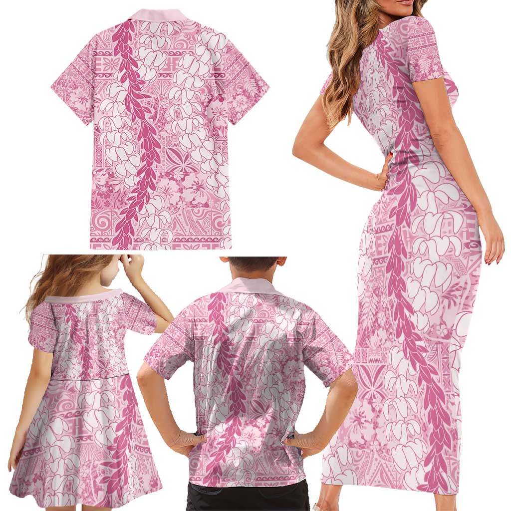 Pink Puakenikeni and Maile Lei Family Matching Short Sleeve Bodycon Dress and Hawaiian Shirt Hawaiian Style Tribal Tapa Double Strand Lei LT9 - Polynesian Pride