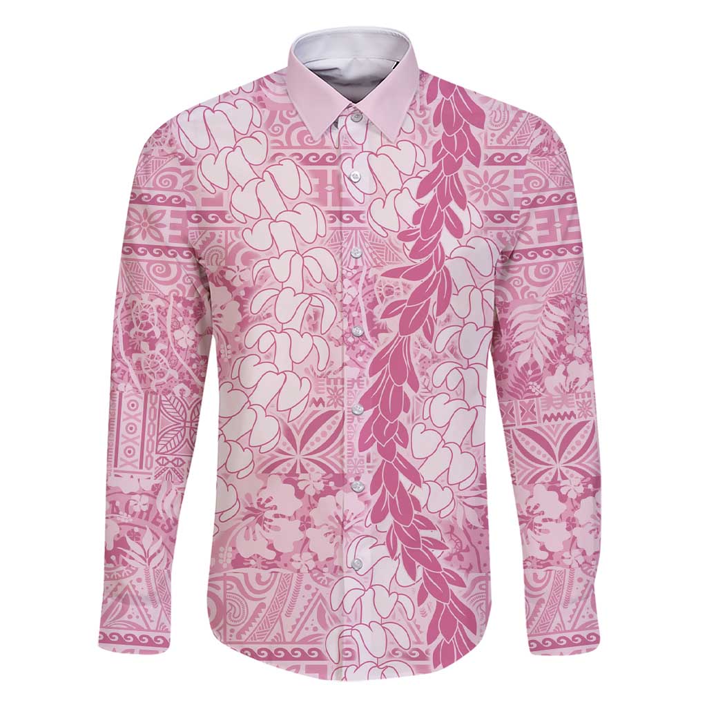 Pink Puakenikeni and Maile Lei Family Matching Short Sleeve Bodycon Dress and Hawaiian Shirt Hawaiian Style Tribal Tapa Double Strand Lei LT9 Dad's Shirt - Long Sleeve Pink - Polynesian Pride