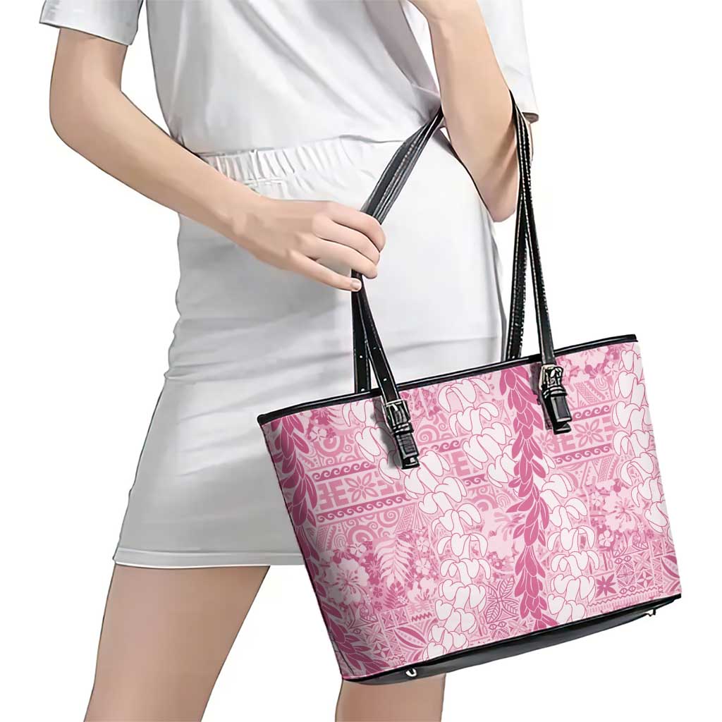 Pink Puakenikeni and Maile Lei Leather Tote Bag Hawaiian Style Tribal Tapa Double Strand Lei LT9 - Polynesian Pride