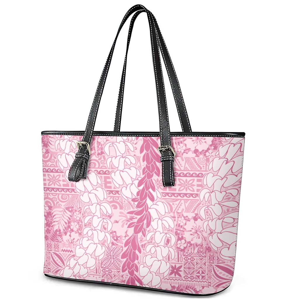 Pink Puakenikeni and Maile Lei Leather Tote Bag Hawaiian Style Tribal Tapa Double Strand Lei LT9 - Polynesian Pride