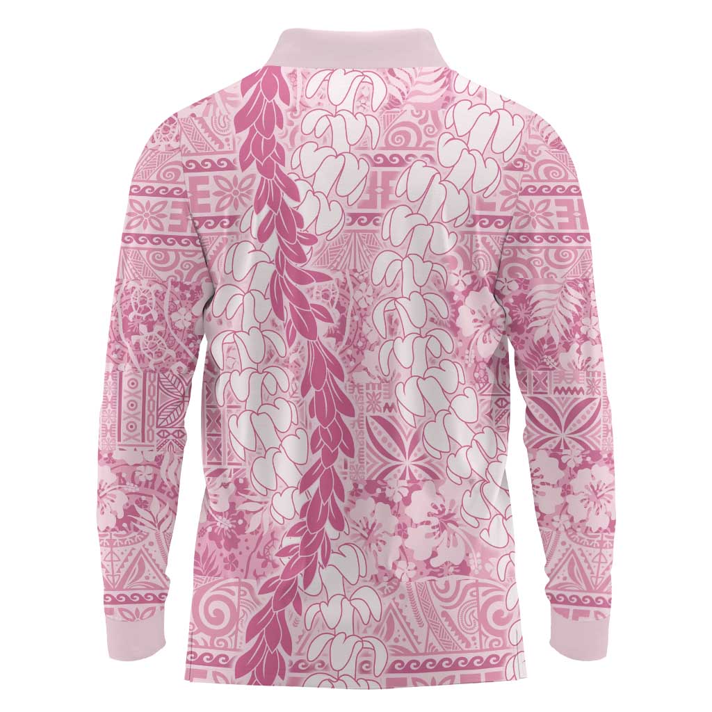 Pink Puakenikeni and Maile Lei Long Sleeve Polo Shirt Hawaiian Style Tribal Tapa Double Strand Lei
