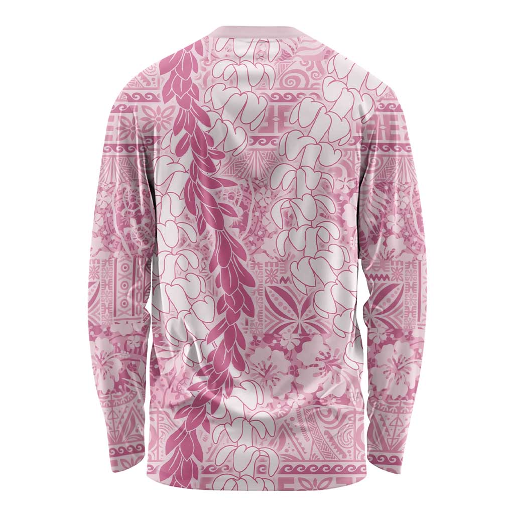 Pink Puakenikeni and Maile Lei Long Sleeve Shirt Hawaiian Style Tribal Tapa Double Strand Lei LT9 - Polynesian Pride