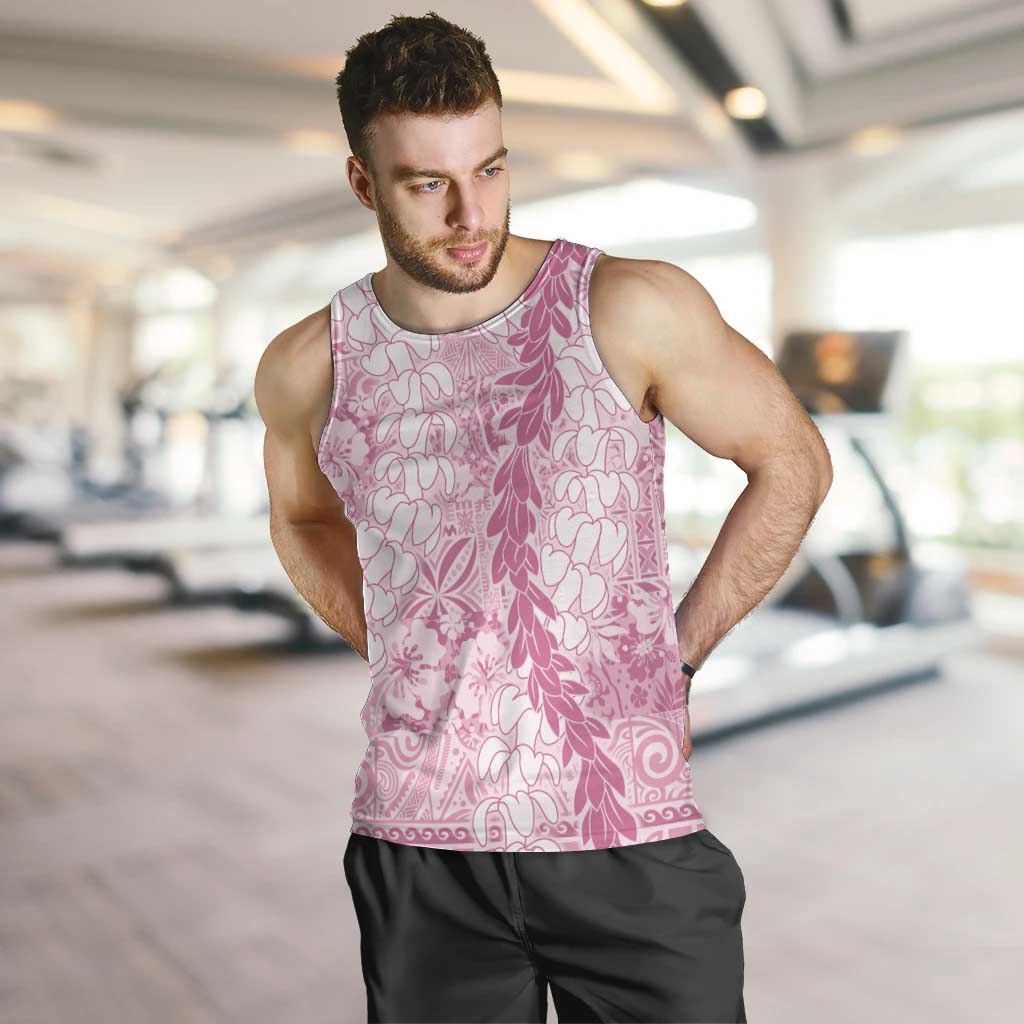 Pink Puakenikeni and Maile Lei Men Tank Top Hawaiian Style Tribal Tapa Double Strand Lei