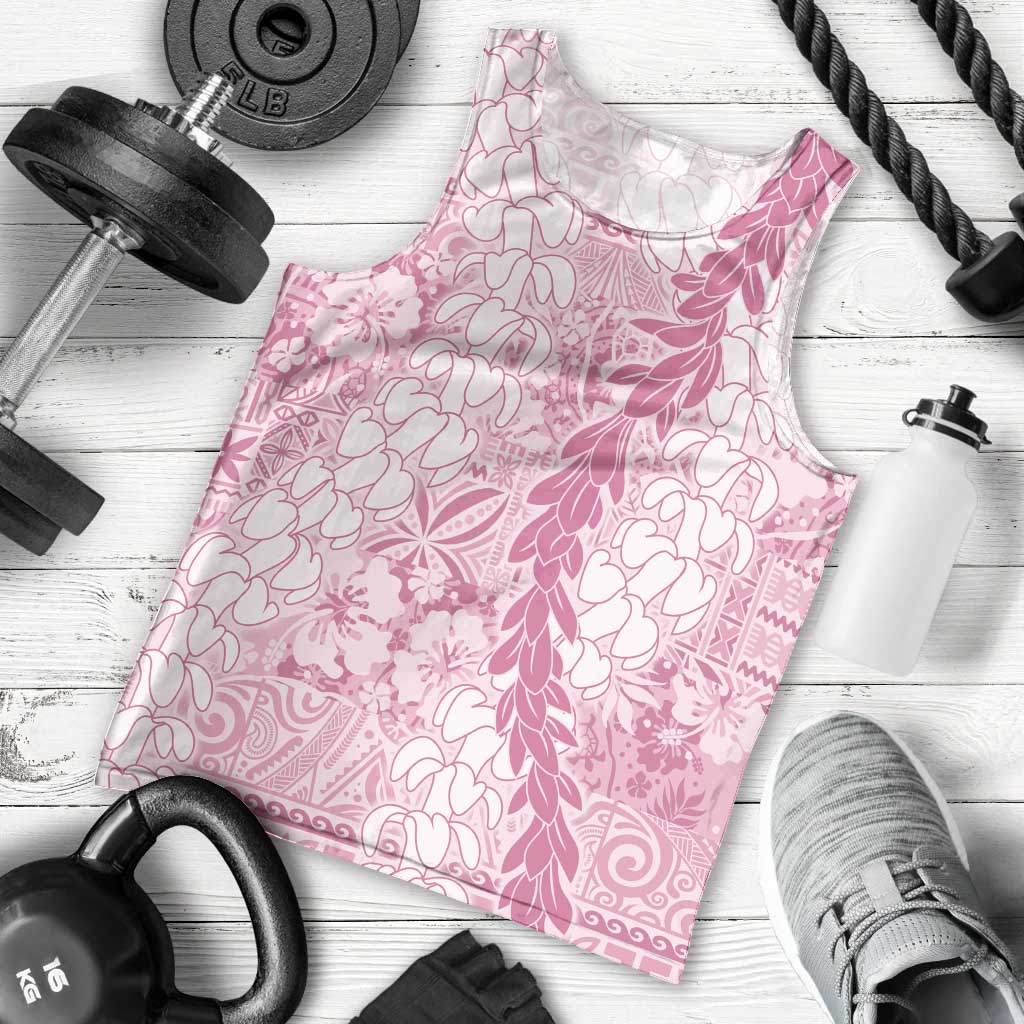Pink Puakenikeni and Maile Lei Men Tank Top Hawaiian Style Tribal Tapa Double Strand Lei