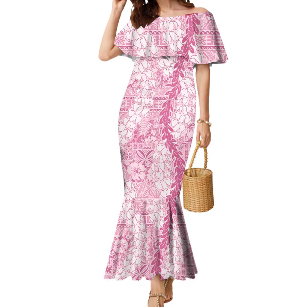 Pink Puakenikeni and Maile Lei Mermaid Dress Hawaiian Style Tribal Tapa Double Strand Lei LT9 Women Pink - Polynesian Pride