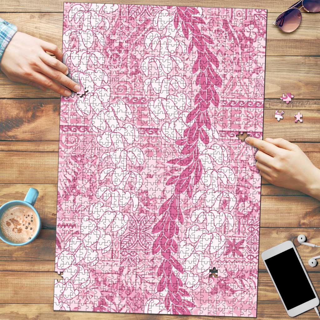 Pink Puakenikeni and Maile Lei Puzzle Hawaiian Style Tribal Tapa Double Strand Lei - Polynesian Pride