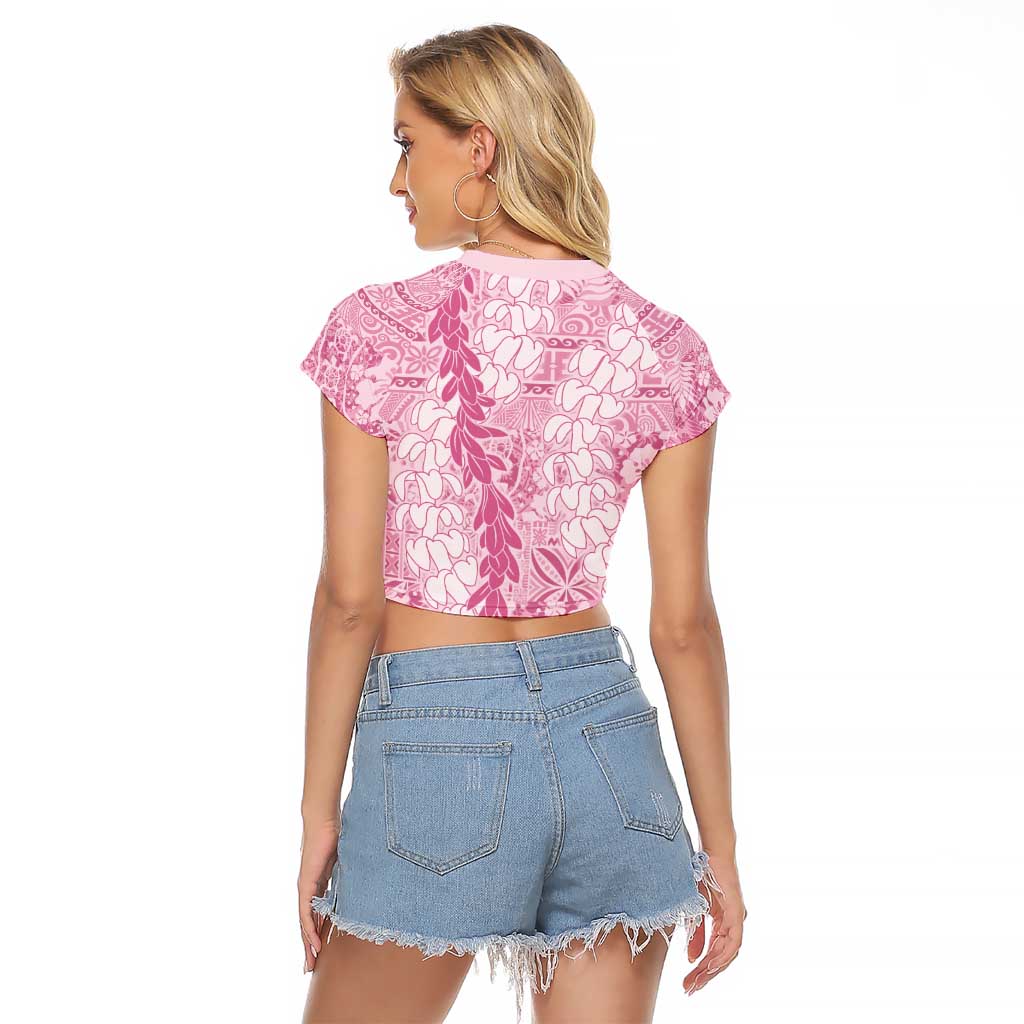 Pink Puakenikeni and Maile Lei Raglan Cropped T Shirt Hawaiian Style Tribal Tapa Double Strand Lei LT9 - Polynesian Pride