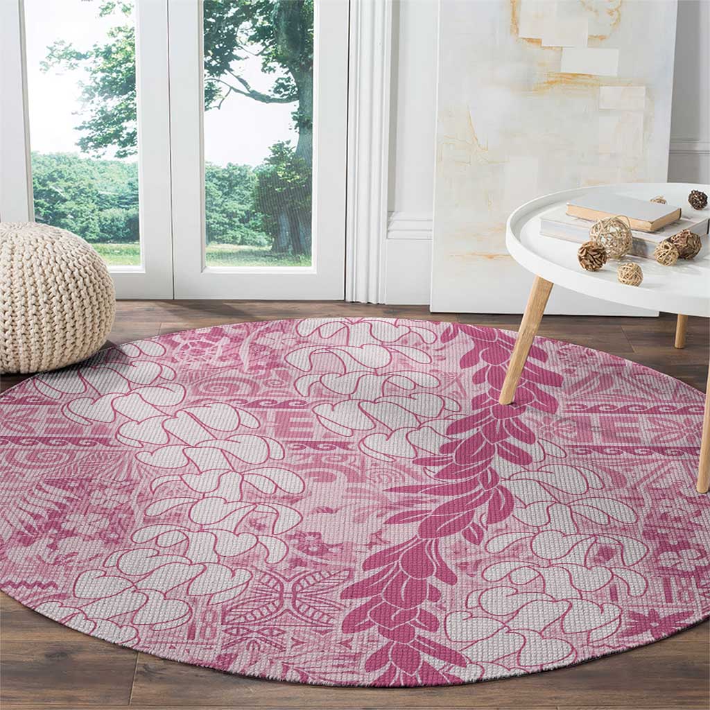 Pink Puakenikeni and Maile Lei Round Carpet Hawaiian Style Tribal Tapa Double Strand Lei