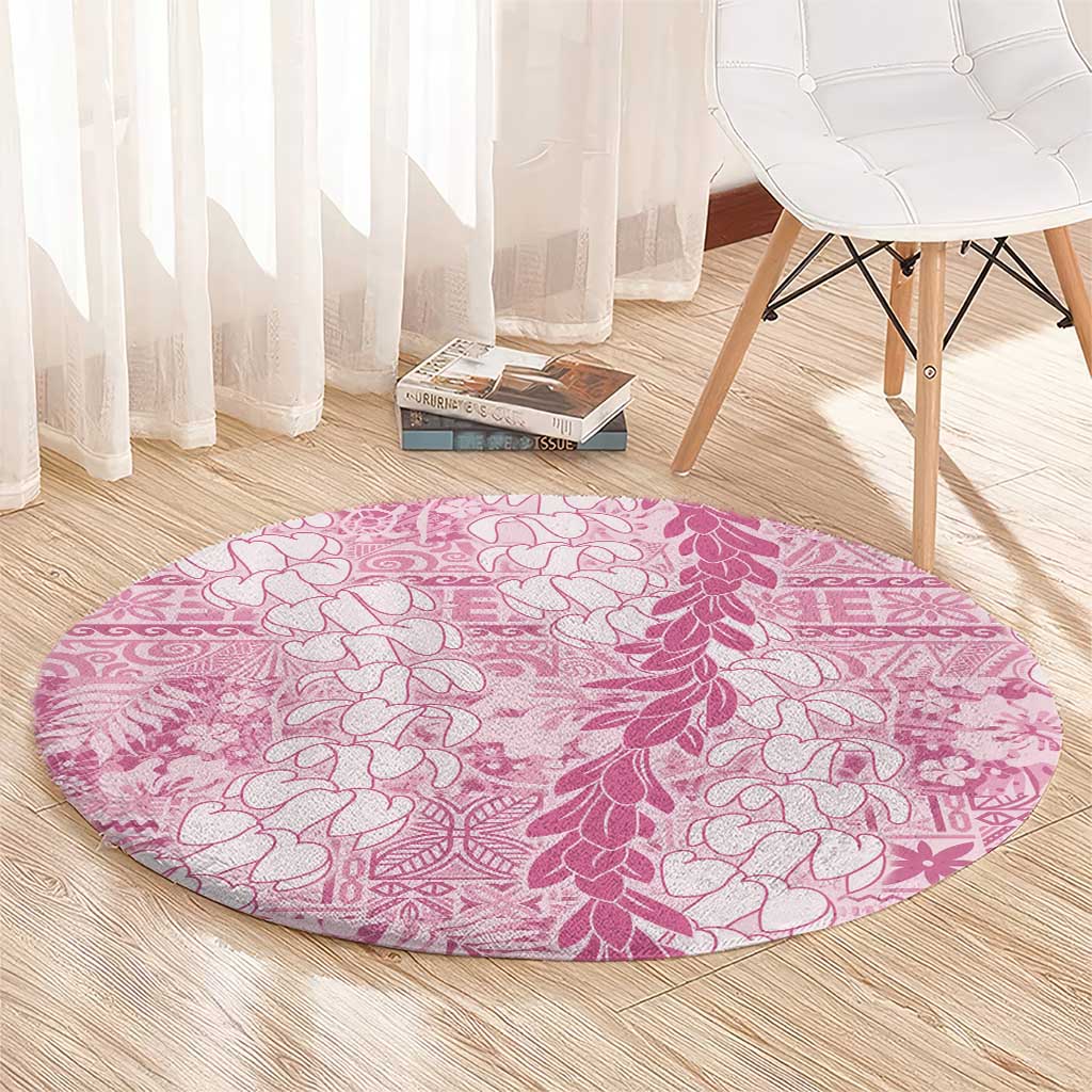 Pink Puakenikeni and Maile Lei Round Carpet Hawaiian Style Tribal Tapa Double Strand Lei